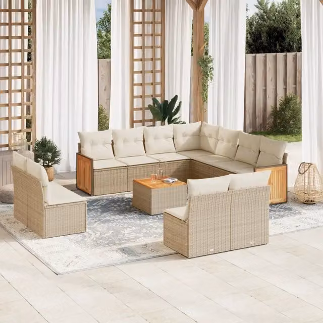 Set di Divani da Giardino vidaXL in Polyrattan con Cuscini Beige e Tavolino, 12 Pezzi