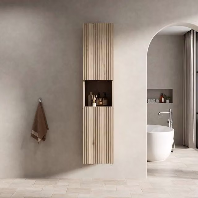Armadio pensile bagno stretto a 2 ante con vano a giorno in compensato rovere bianco
