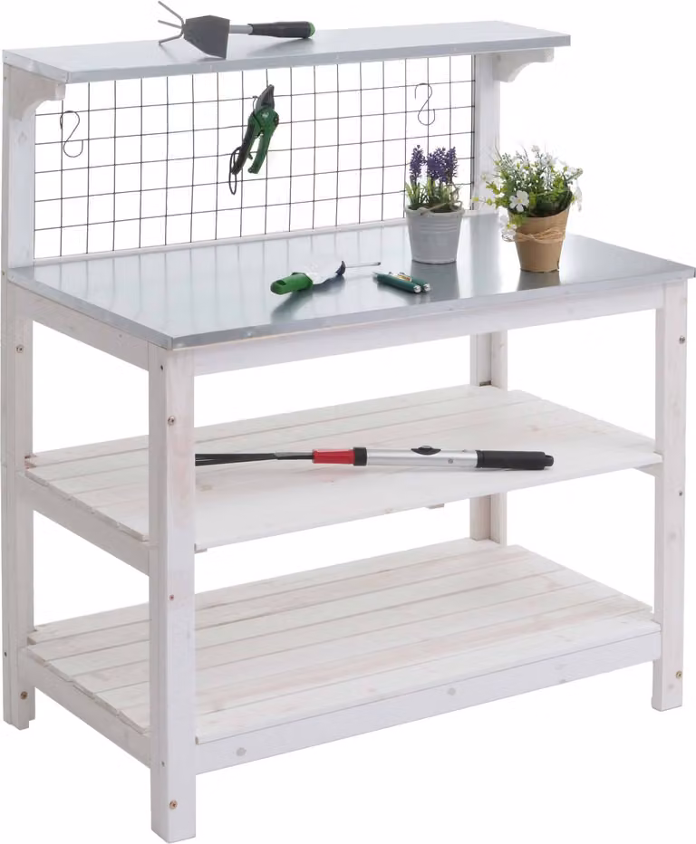 Tavolo per piante HWC-N55, tavolo da giardinaggio tavolo per fiori scaffale per piante, piano in legno zincato ®, 117x102x56cm ~ bianco