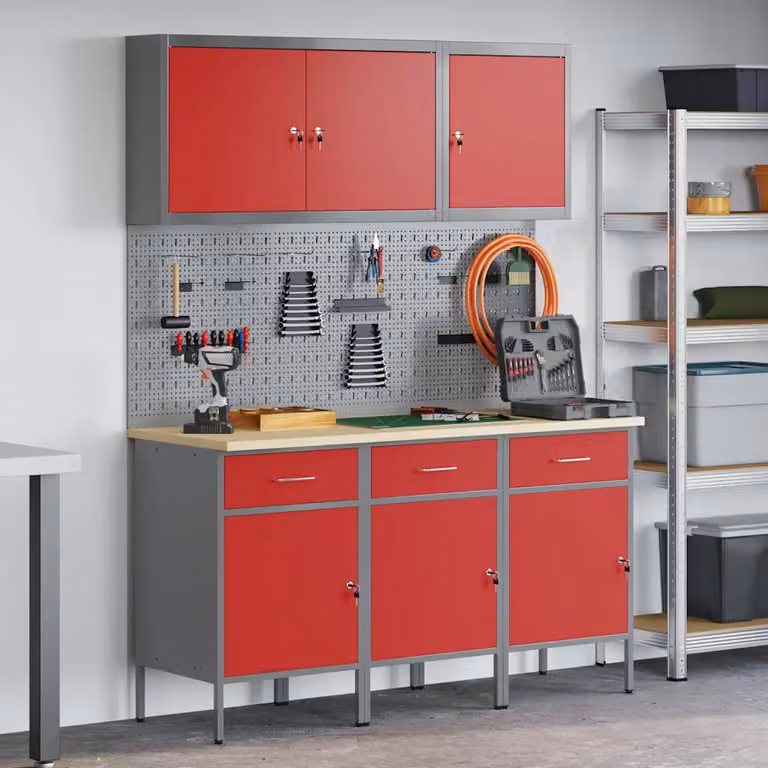 vidaXL Carrello da lavoro mobile con cassetto 8 pezzi in acciaio e legno, Rosso e Grigio