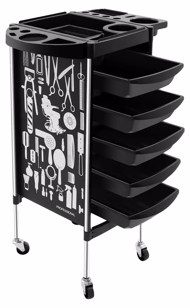 Carrello da parrucchiere, 4 ruote, 5 cassetti, nero