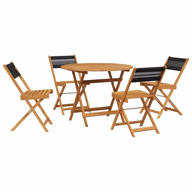 Set da Giardino Moderno 5 Pezzi in Legno di Acacia e Polipropilene Nero e Marrone con Tavolo Rotondo Pieghevole