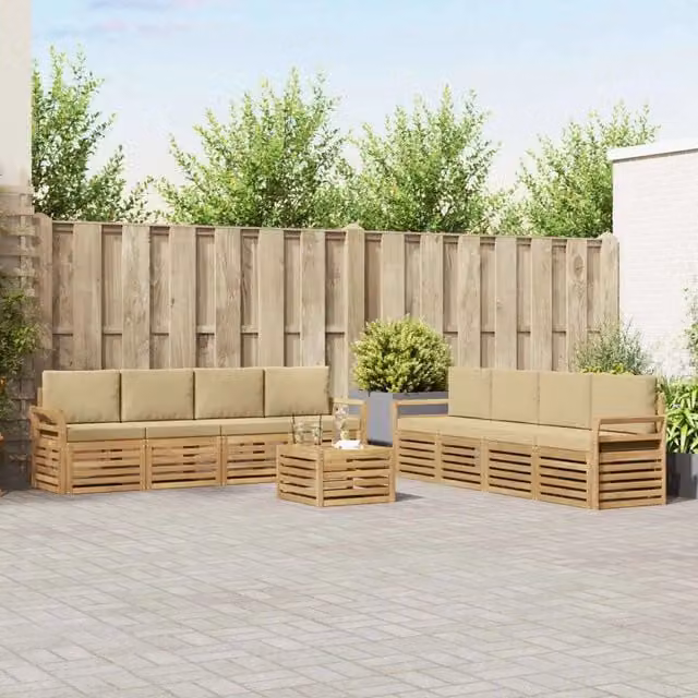 Set di mobili da giardino vidaXL composto da divano a 3 posti, poltrone e tavolino da caffè in legno di acacia con cuscini bianchi e beige – 1