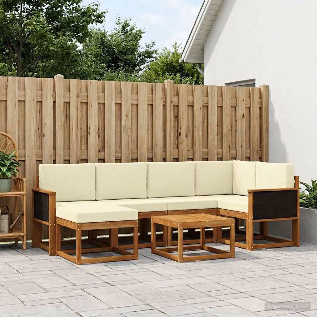 vidaXL Set di divani da esterno a L composto da 7 pezzi in legno di acacia con cuscini, colori beige, bianco e marrone