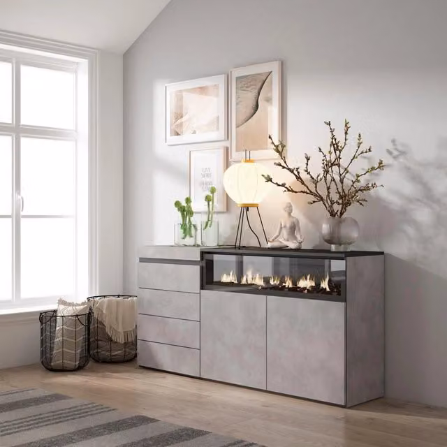 Cassettiera, 157x35x75cm, Camera da letto, Camino elettrico, grigio cemento RF3427
