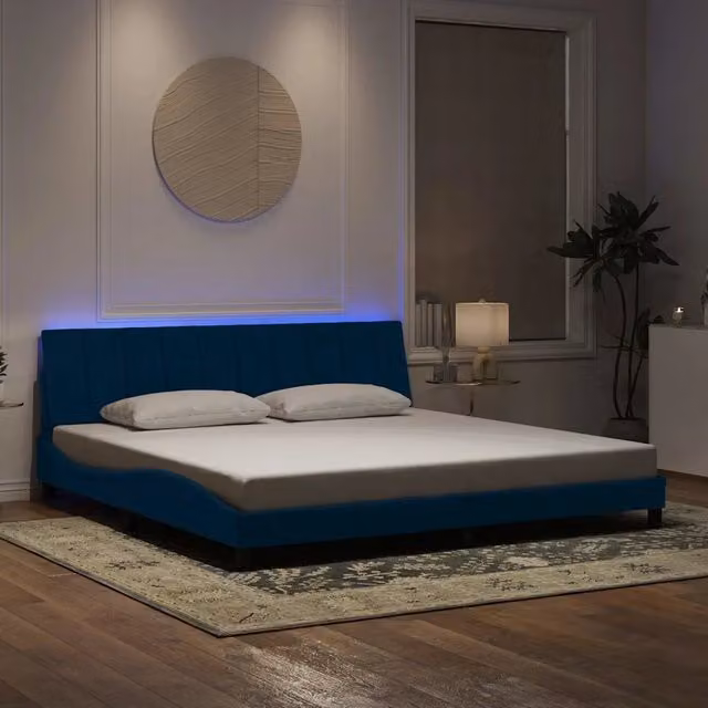 Letto Hanko vidaXL in Velluto Blu con Illuminazione LED e Porte USB, L/P/H: 200 x 200 x 32 cm