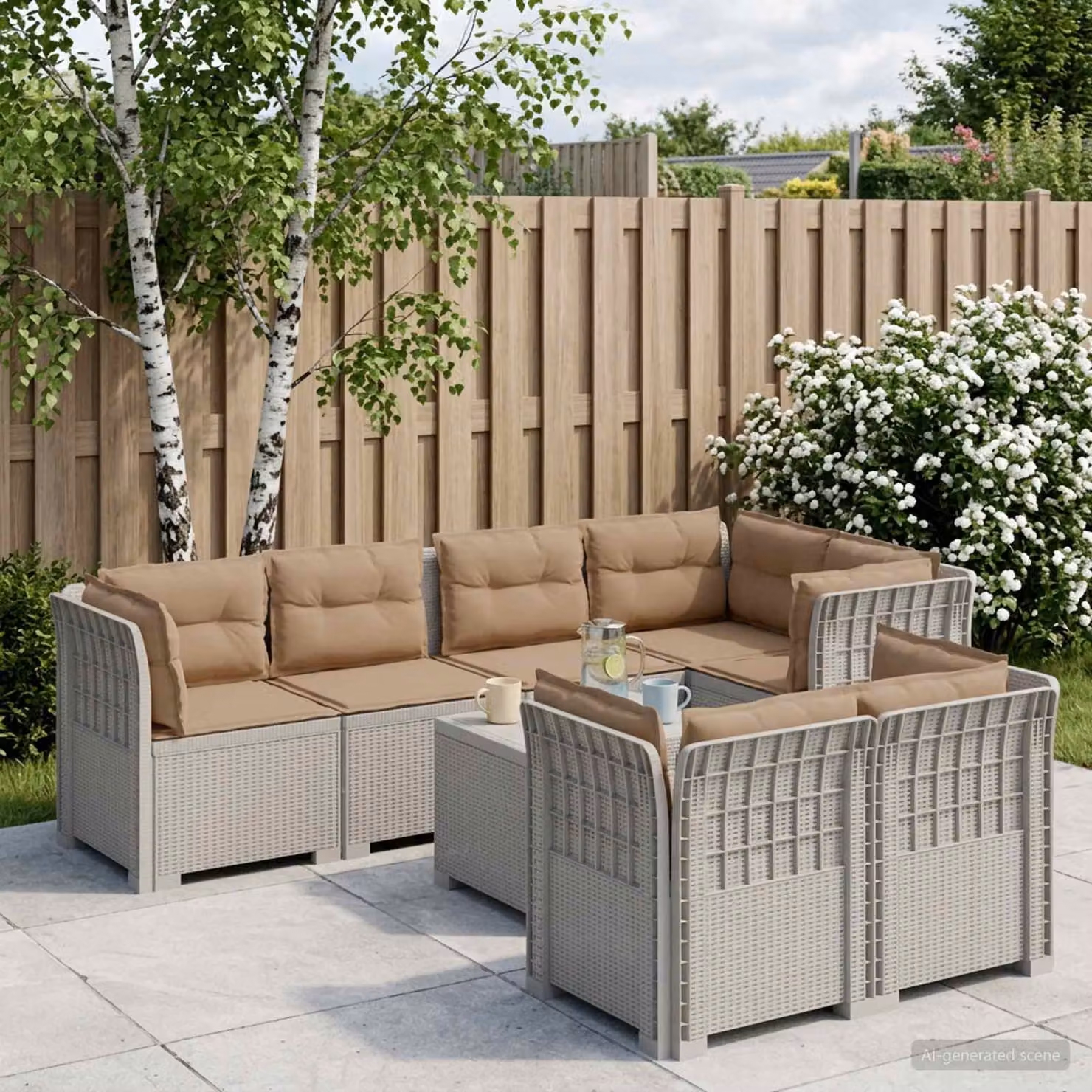 vidaXL Divano da Giardino a Forma di U da 7 Posti in Polyrattan Bianco e Beige con Cuscini Removibili