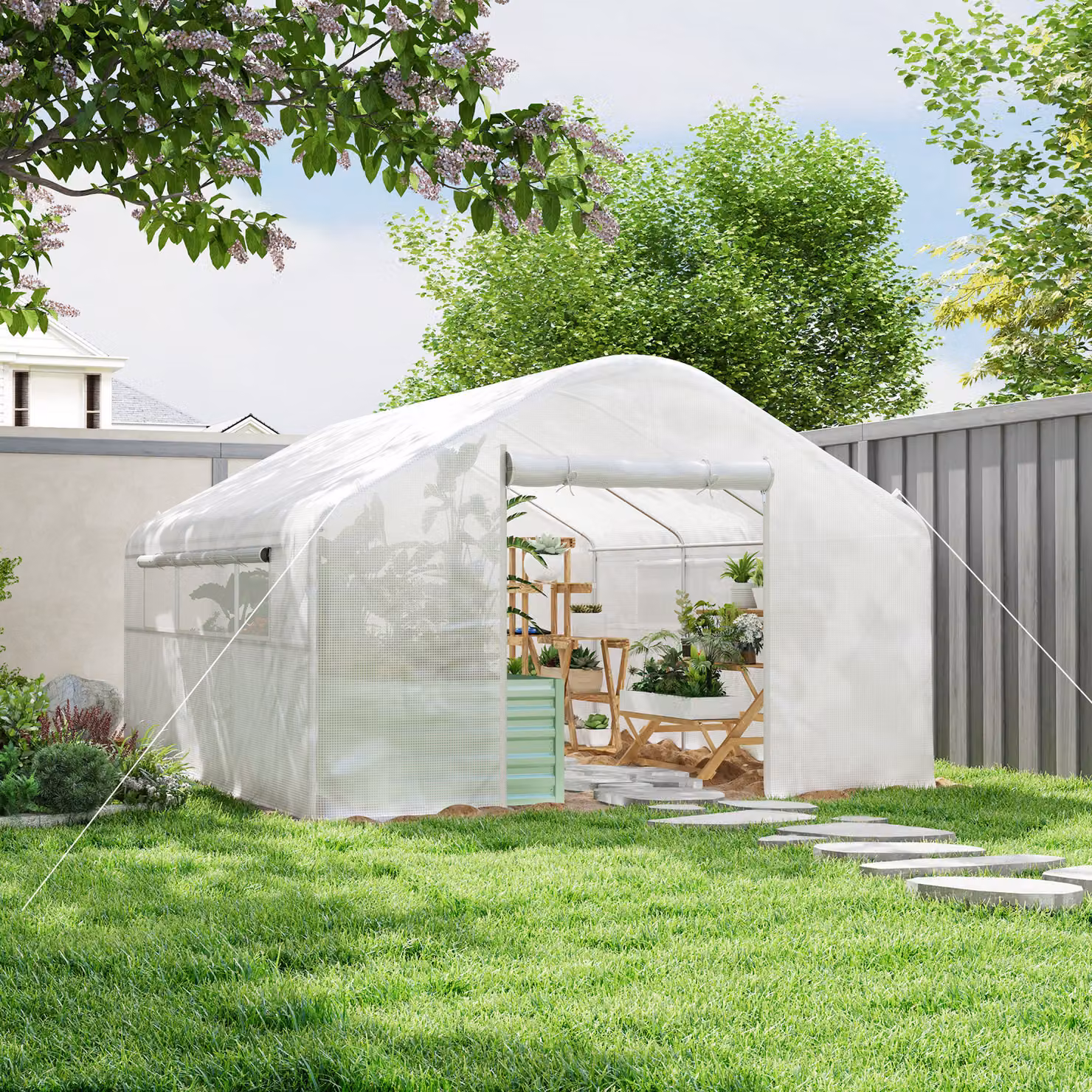 Serra tunnel da giardino Outsunny bianca con porte avvolgibili e ampie finestre, L: 400 cm, P: 200 cm, H: 120 cm – 2