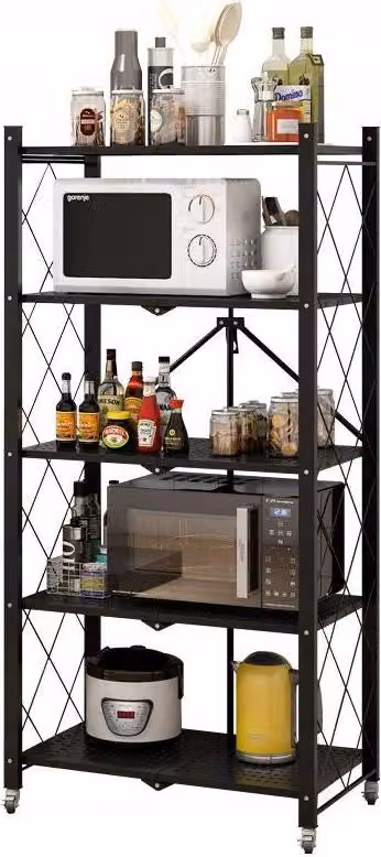 Scaffale pieghevole da cucina e magazzino su ruote – 5 ripiani, stile LOFT | Colore: nero | Dimensioni: 163x72x34