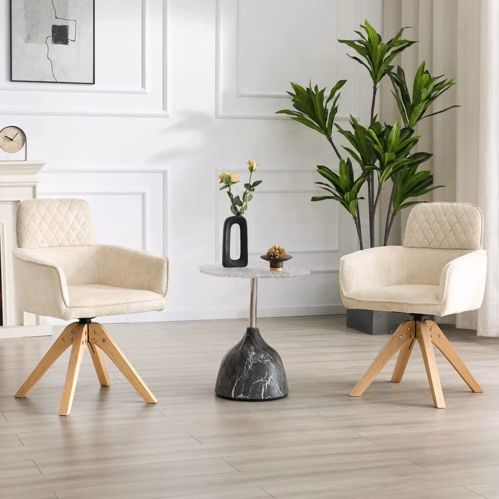 Set di 2 sedie da pranzo MIVRAY girevoli a 360 gradi in tessuto beige con gambe in legno e braccioli curvi – 2