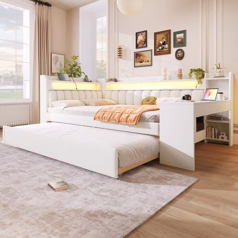 Letto imbottito STILVORA 140x200 cm con materasso, divano letto con letto estraibile e scrivania, divano letto con porte USB e striscia LED, bianco