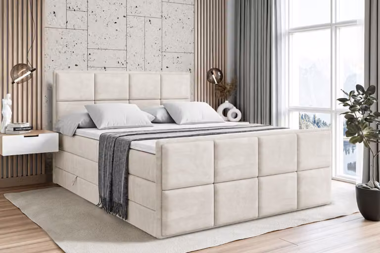 Letto boxspring ALTDECOR con pediera, 2 materassi e topper - 200x200 cm - NOVA-Z KING - velluto color crema - Letto imbottito con materassi H3 e H4, contenitore e rete a doghe, letto con spazio contenitivo