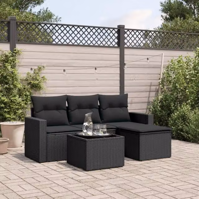 Salotto da Giardino-Set Divani da Giardino 5 pz con Cuscini in Polyrattan Nero 120871
