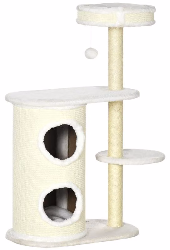 Albero per gatti con casetta e giochi | Colore: crema chiaro | Dimensioni: 35x59x100 cm