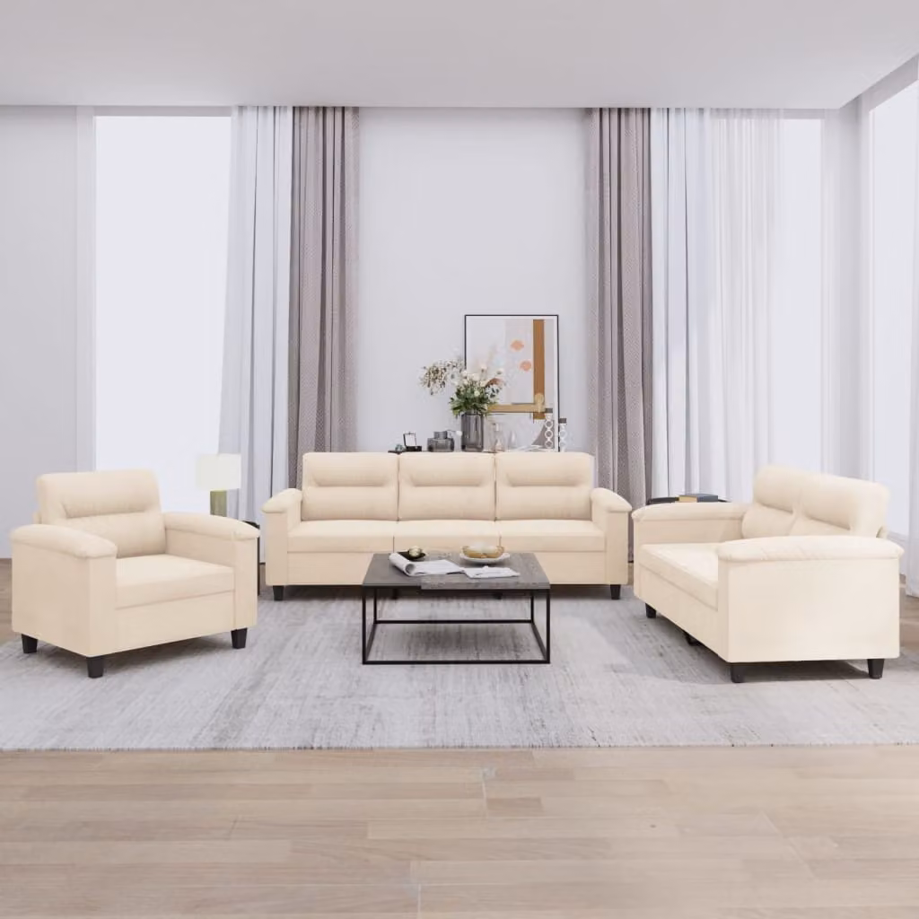 Set di Divani vidaXL in Microfibra Beige con Cuscini, Composizione 3 Posti e 2 Posti per Soggiorno Moderno