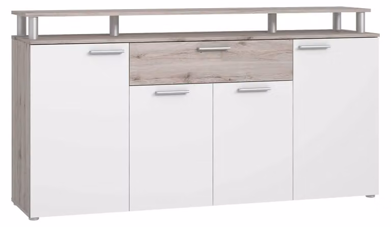 FORTE: Comò Gulada con 4 ante e 1 cassetto, realizzato in legno composito, finitura rovere chiaro/bianco