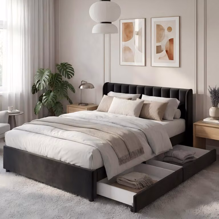 Letto imbottito 140 x 200 cm rivestito in velluto, con rete a listelli, alta testiera e 2 cassetti scorrevoli su ruote. Letto contenitore con capacità di carico fino a 300 kg