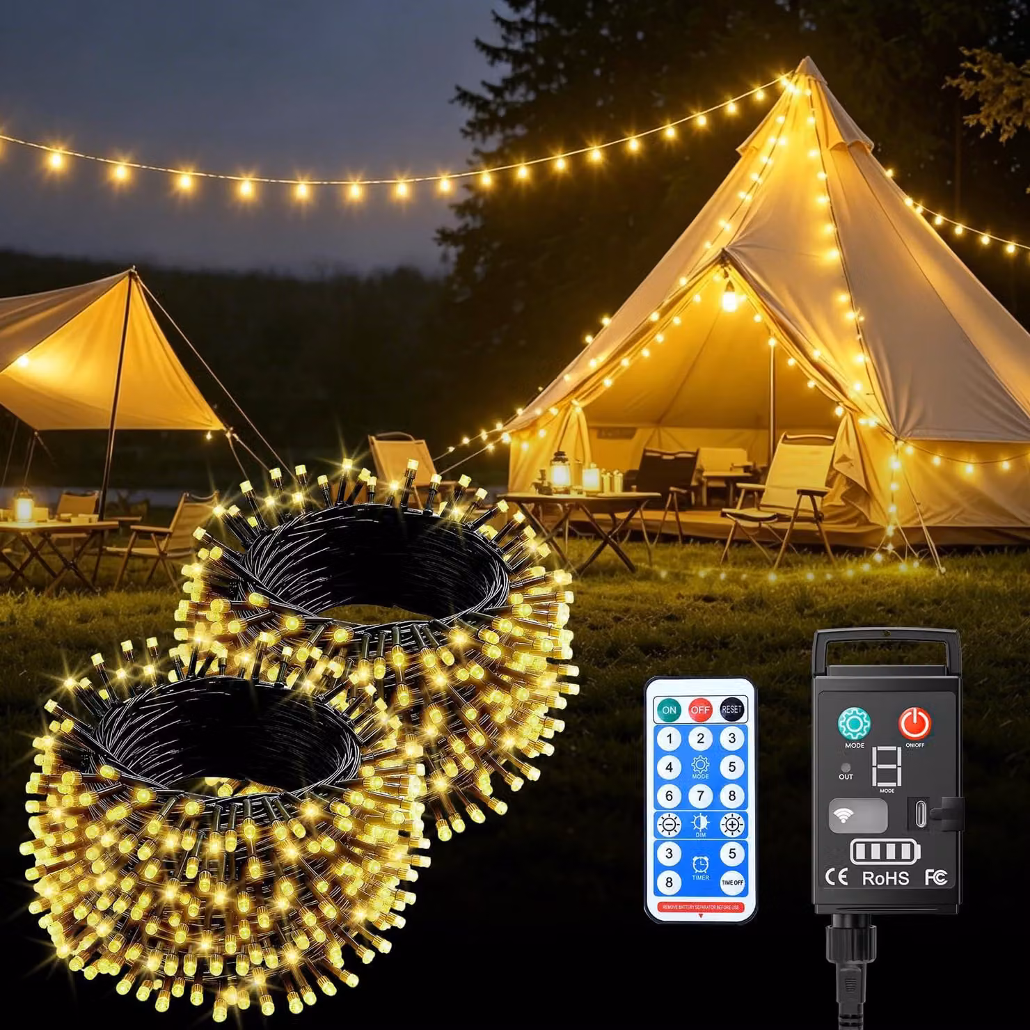 Catena luminosa a LED, 10 metri, 100 LED, ricaricabile, 8 modalità, grado di protezione IP44, confezione da 2