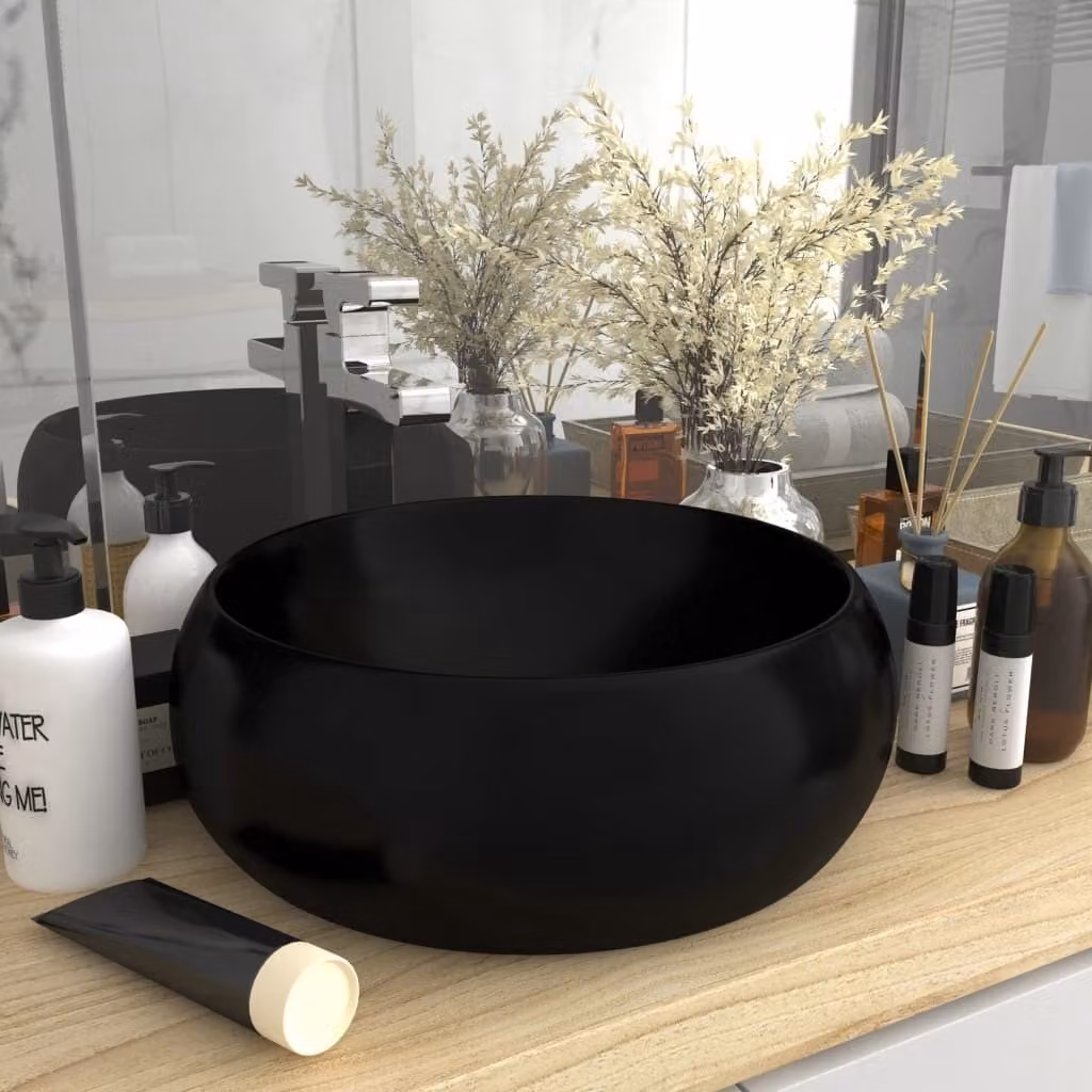 The Living Store Lussuoso lavabo rotondo nero opaco 40x15 cm in Vetroceramica