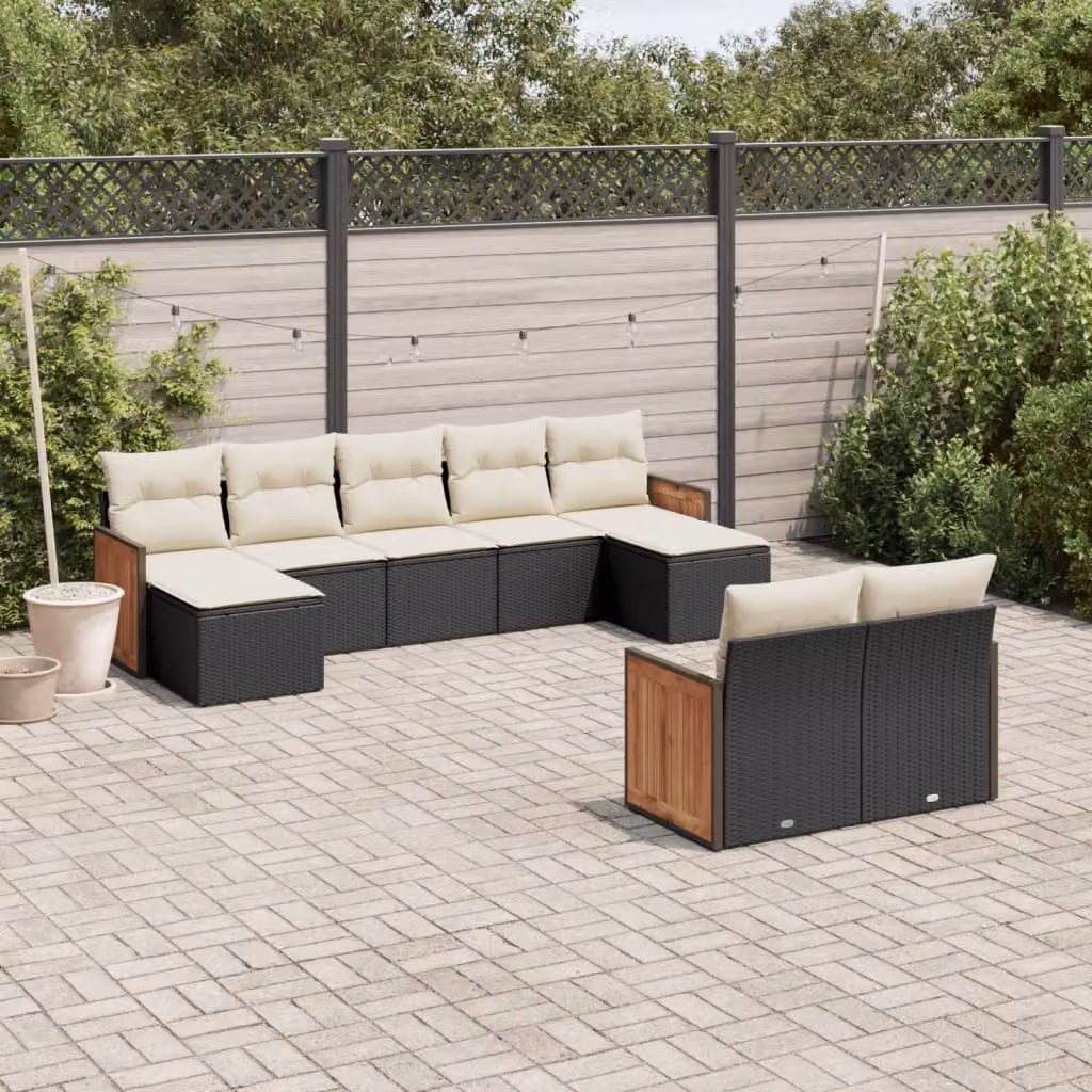 vidaXL Set Divani da Giardino a Forma di U in Polyrattan Nero con Cuscini e Struttura in Legno di Acacia – 1