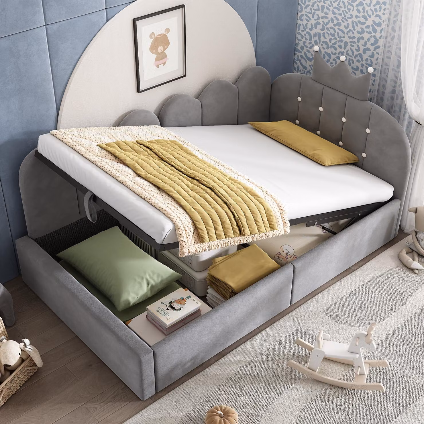 Letto imbottito STILVORA 90x200 cm, divano letto con contenitore idraulico, divano letto a L in velluto, letto per ospiti con design a traliccio a , con materasso grigio