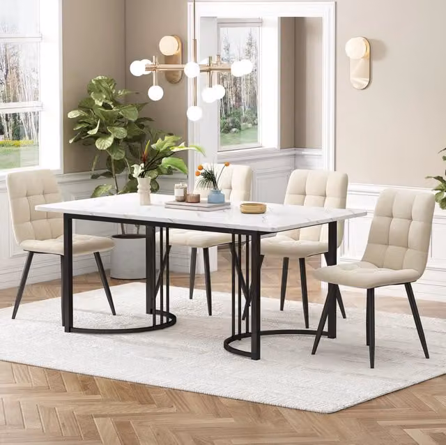 Set tavolo da pranzo 140x80 cm con 4 sedie in velluto beige