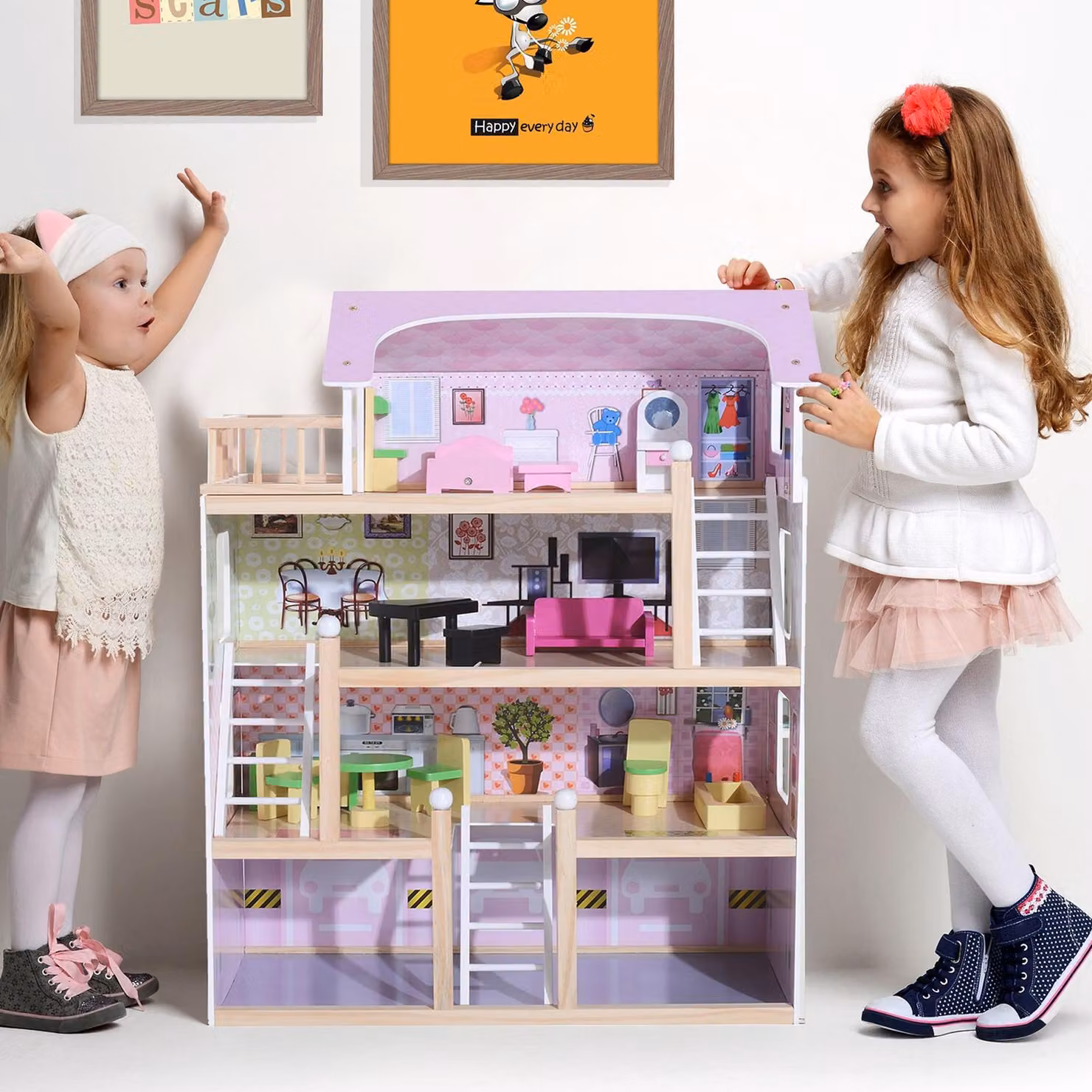 Casa delle Bambole in Legno HOMCOM con Accessori, Rosa, L/P/H: 60 x 30 x 80 cm – 2