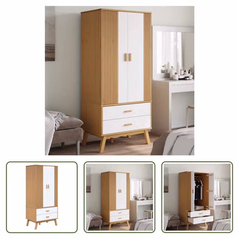 The Living Store Armadio OLDEN Bianco Marrone 76,5x53x172cm in legno di pino massiccio