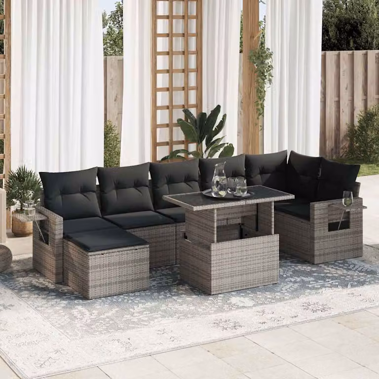Set Divano da Giardino vidaXL 8 pz in Polyrattan Grigio con Cuscini