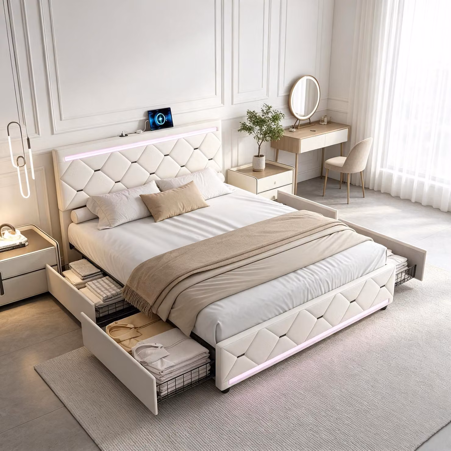 Letto imbottito INONEFT, 160x200 cm, con USB e LED, letto per ragazzi/matrimoniale con 4 cassetti, letto matrimoniale contenitore con rete a doghe, in velluto, color beige