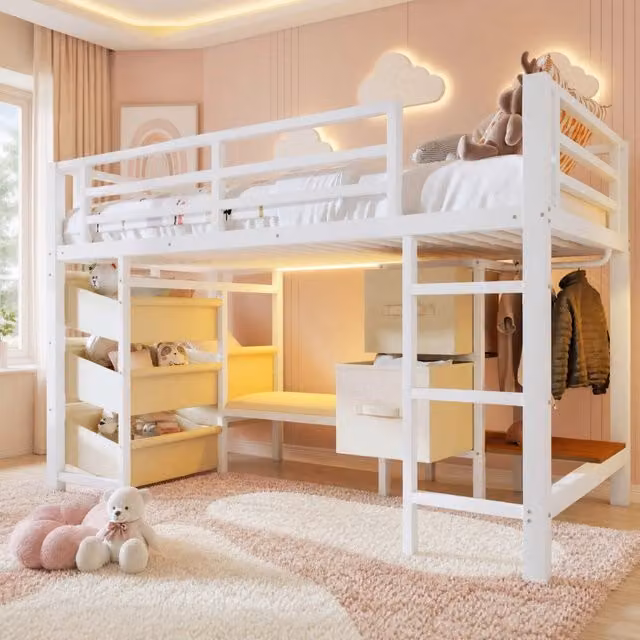 Letto a mezza altezza 90 x 200 cm in metallo bianco con LED; cassetti e tasche in tessuto