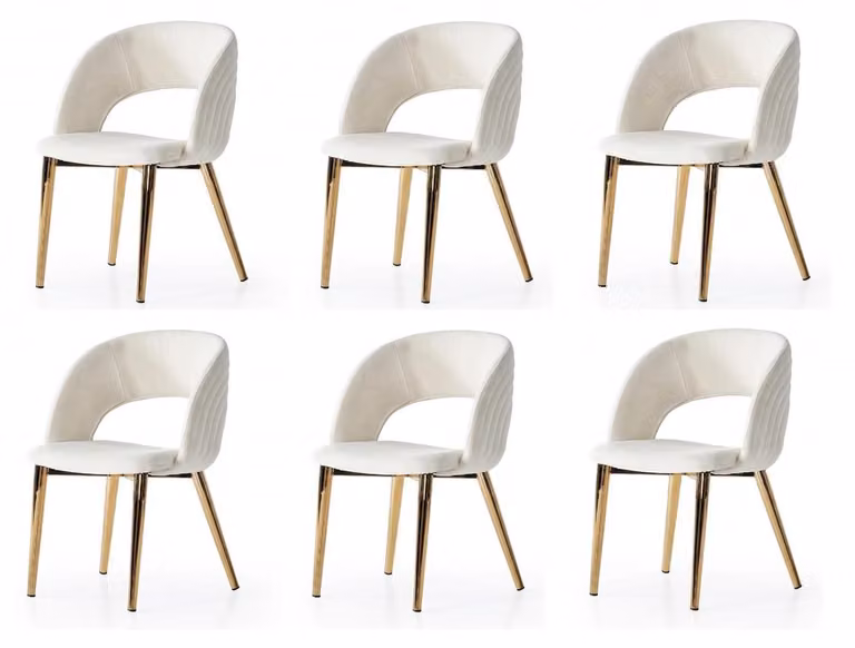 Set di 6 sedie, colore bianco e oro, comode, dal design moderno ed elegante, realizzate con materiali morbidi e dal gusto classico