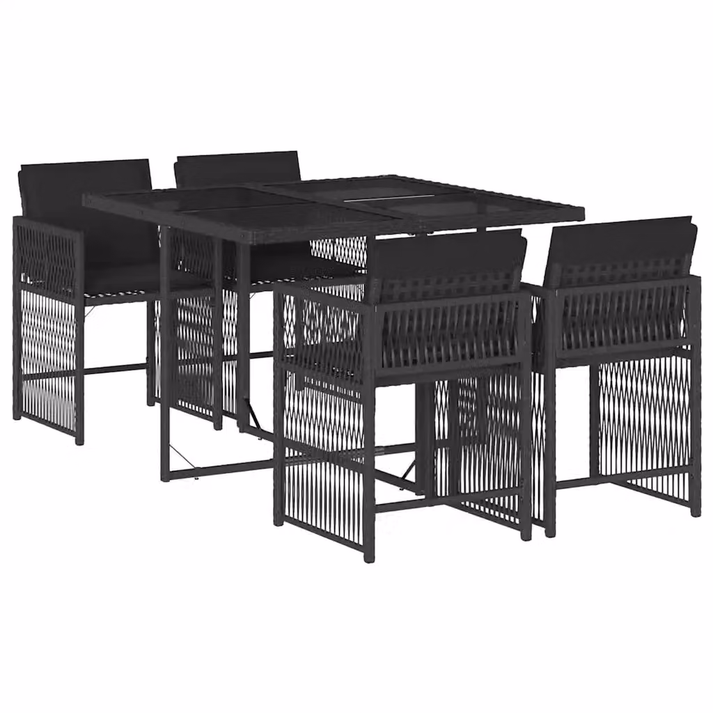Set da Pranzo da Giardino vidaXL in Polyrattan Nero con Cuscini e Tavolo in Vetro 5 pz – 2