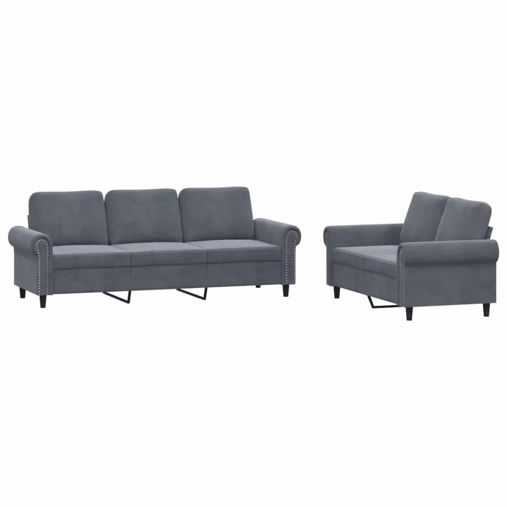 Set di divani vidaXL composto da un divano a 2 posti e uno a 3 posti in velluto grigio con cuscini coordinati e braccioli – 2