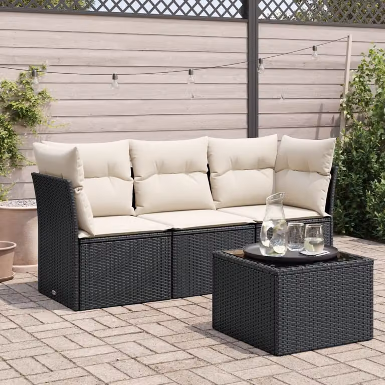 Set di Divani da Giardino vidaXL 4 Pezzi con Tavolino e Cuscini, Design a L in Polyrattan e Metallo Nero