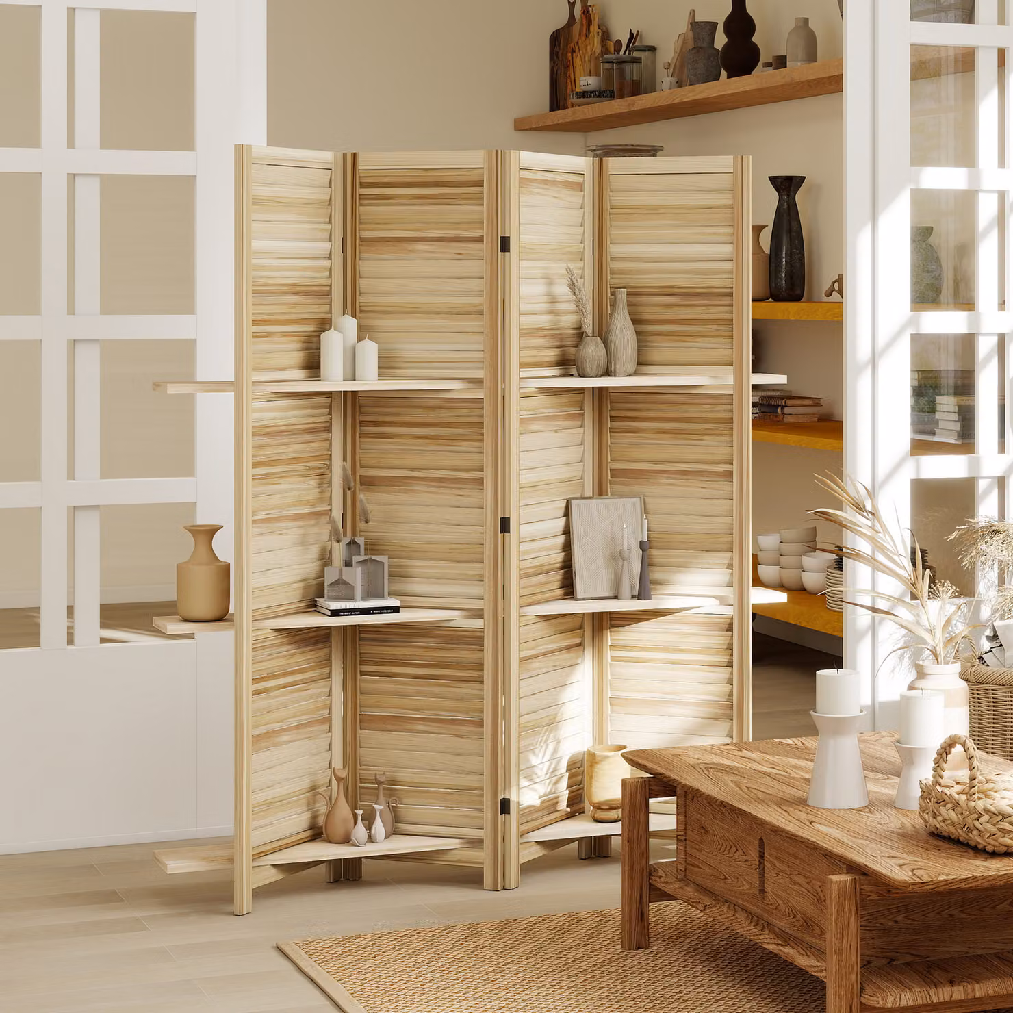 Paravento interno pieghevole HOMCOM in legno con 3 ripiani, colore naturale, H: 170 cm, L: 160 cm – 2