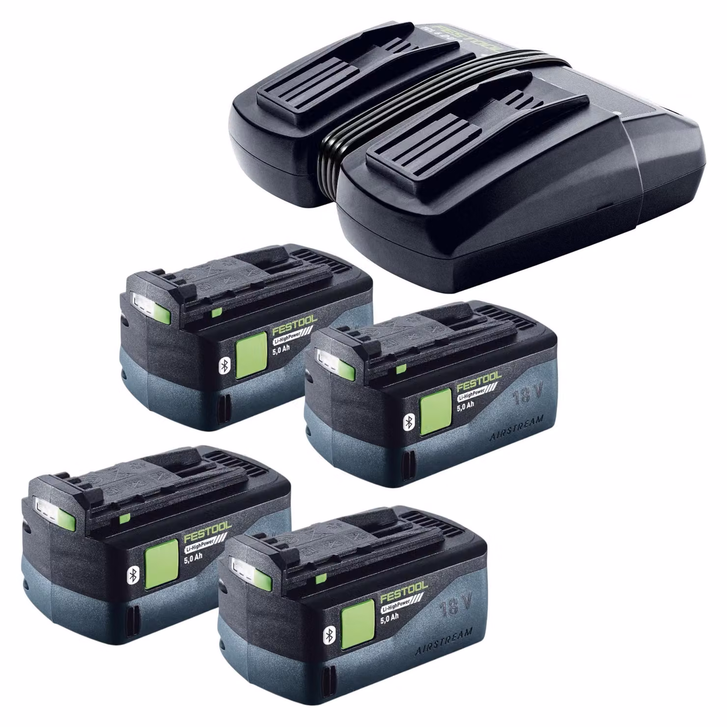 Set Festool Energie 4x BP 18 Li 5,0 HP-ASI pacco batteria HighPower 18 V 5,0 Ah (4x 578519) + caricabatterie doppio TCL 6 DUO (577017)