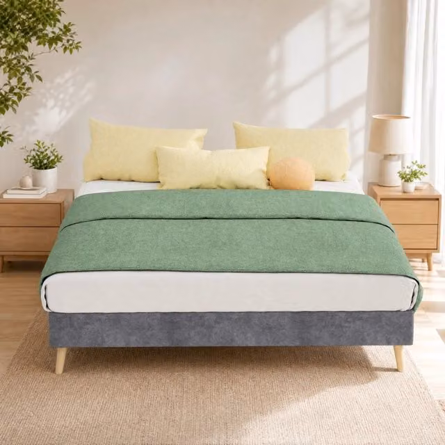 Letto moderno minimalista WISHDOR in velluto grigio con struttura a piattaforma bassa L/P: 140 x 200 cm
