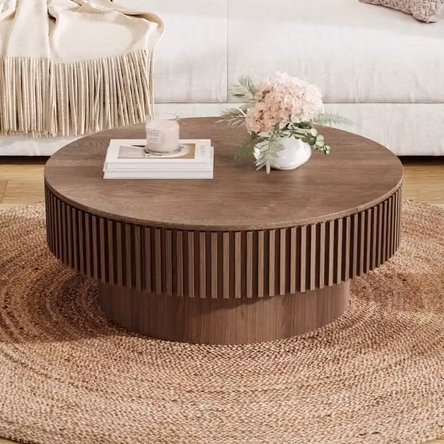 Tavolino basso fisso con vano contenitore nascosto in legno e MDF color noce; piano con portata fino a 90 kg