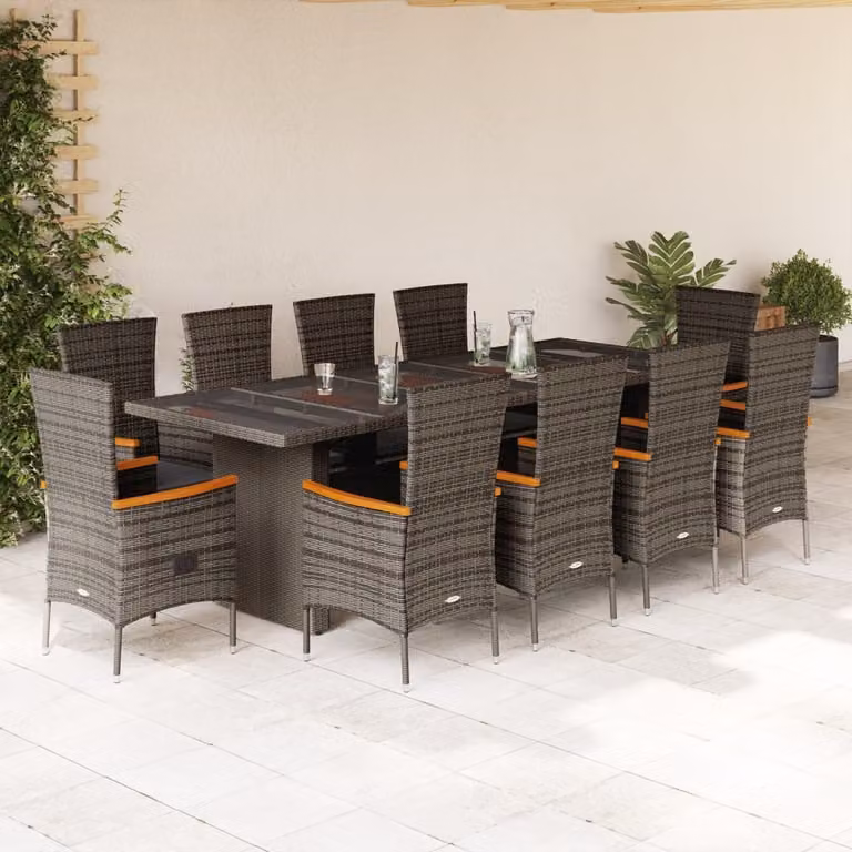 Set da Pranzo da Giardino vidaXL in Polyrattan e Legno di Acacia con Cuscini Grigio, 11 Pezzi