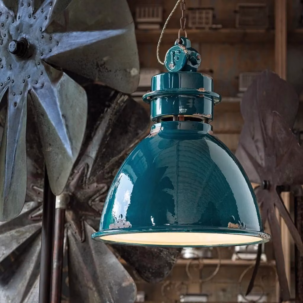 Lampadario a sospensione Industrial Ferroluce in metallo e ceramica verde con 1 luce E27, diametro 50 cm – 2
