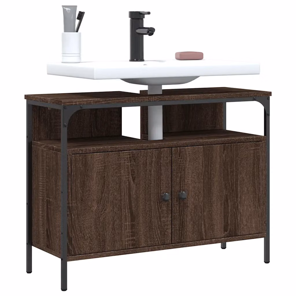 Mobile Lavabo da Bagno vidaXL in Rovere Marrone con Ante a Battente, Stile Industriale, L 80 x P 30 x H 60 cm