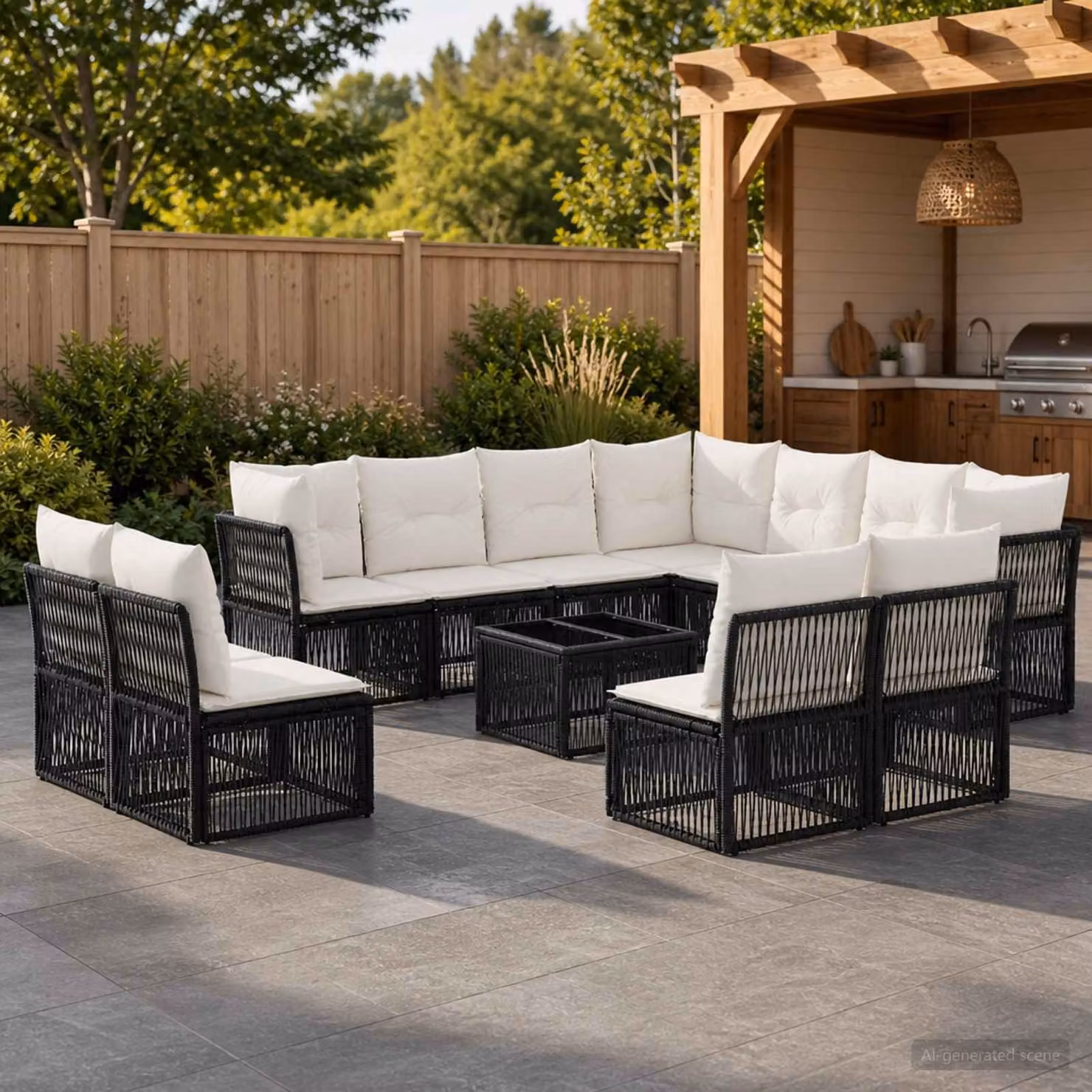 Set Divano da Giardino a L vidaXL in Polyrattan Nero con Tavolino e Cuscini