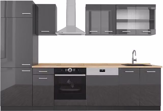 Cucina componibile moderna R-Line Vicco colore Antracite lucido e Rovere, L: 300 cm, H: 206.8 cm, P: 60 cm