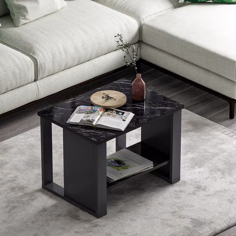 Homidea Tavolino da divano - Moderno tavolino ausiliario con vano portaoggetti, 60×45×43,6 cm (Tavolino da divano in marmo effetto antracite e nero)