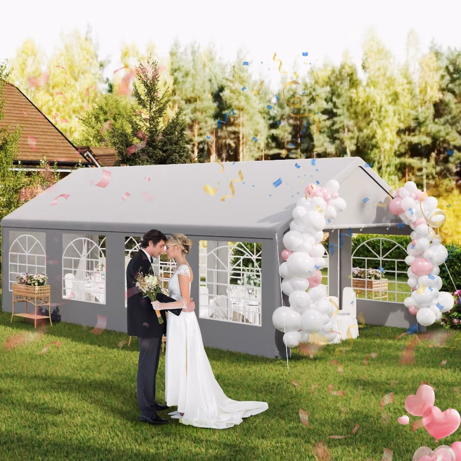 Tenda da festa 4x8 metri, grigia, impermeabile, resistente ai raggi UV, con struttura in acciaio, dotata di 6 pareti laterali con finestre