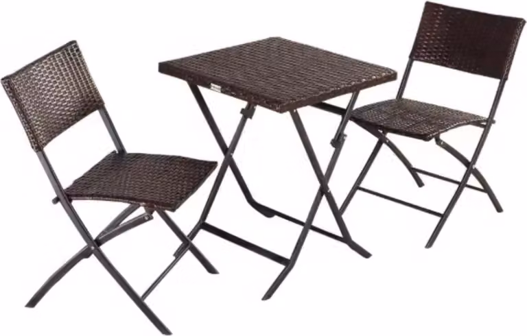 Set da esterno con tavolo pieghevole, 3 pezzi – Set da balcone e bistrot – 2 sedie pieghevoli e tavolo – Rattan PE e telaio in acciaio – Per giardino, balcone e campeggio – Marrone