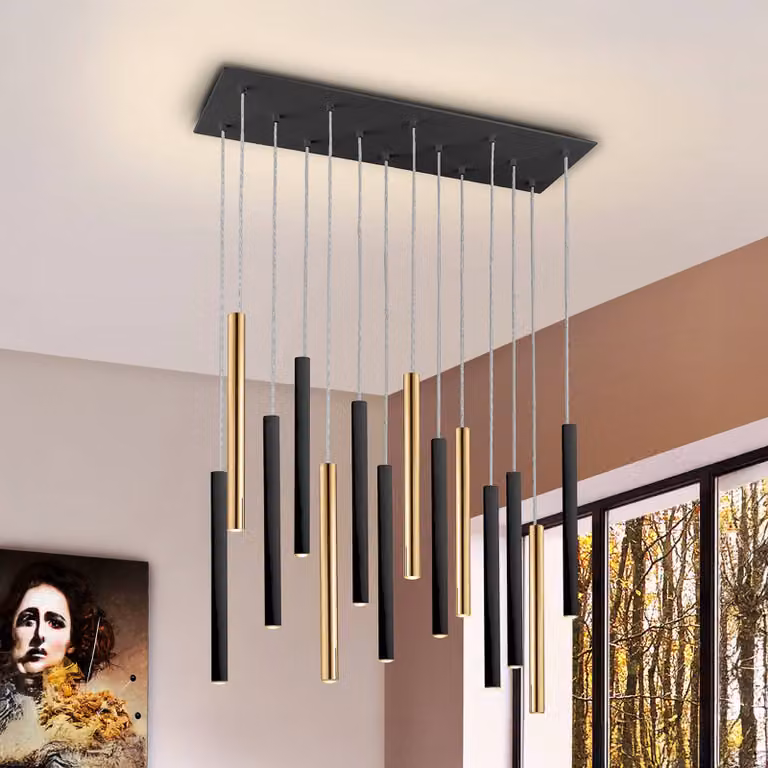 Schuller Valencia Lampada LED a sospensione Varas dimmerabile, 14 alette, oro/nero, metallo Varas, dimmerabile, Nero, Soggiorno / Sala da pranzo, Metallo, Moderno