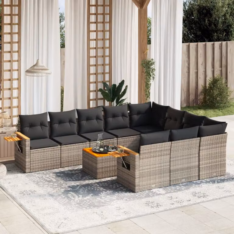 vidaXL Set Divani da Giardino 11 pz in Polyrattan Grigio con Cuscini e Tavolino da Esterno