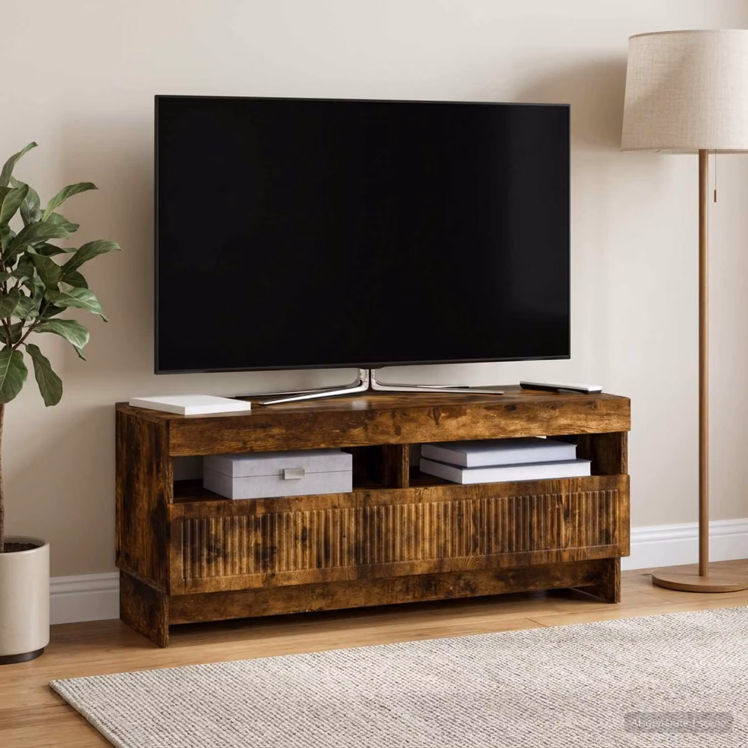 Mobile TV LED vidaXL Rovere Fumo con illuminazione integrata e scomparti multimediali L/P/H: 100 x 35 x 43 cm